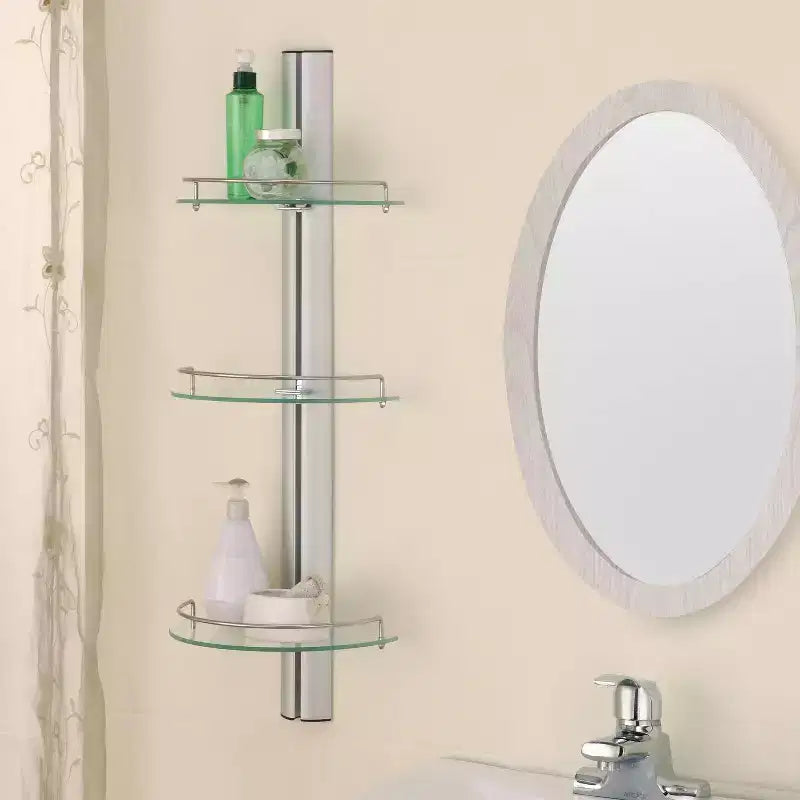 Étagère de salle de bain demi-lune à 3 niveaux en verre trempé, argent