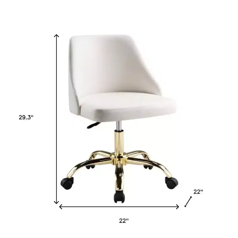 Chaise de bureau pivotante à roulettes en similicuir blanc et or, réglable en hauteur