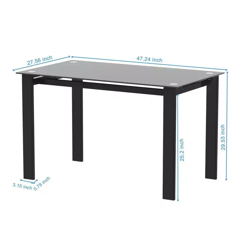 Table de salle à manger en verre trempé, rectangulaire 132 cm, cadre en métal noir pour salle à manger, salon, bureau