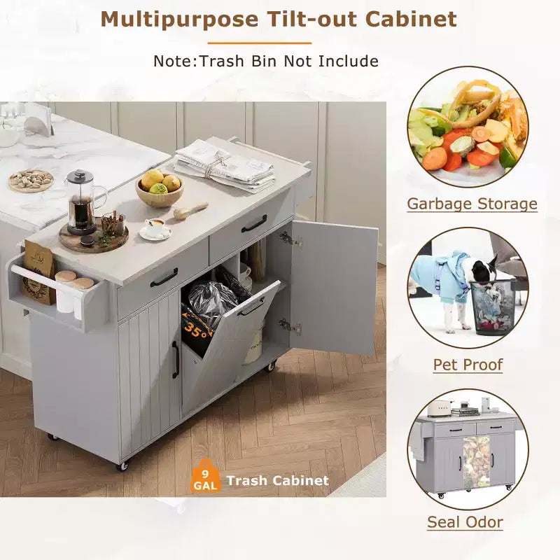 Îlot de cuisine roulant avec rangement pour poubelle, abattant, porte-épices, porte-serviettes et tiroir