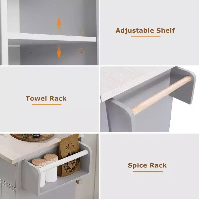 Îlot de cuisine roulant avec rangement pour poubelle, abattant, porte-épices, porte-serviettes et tiroir