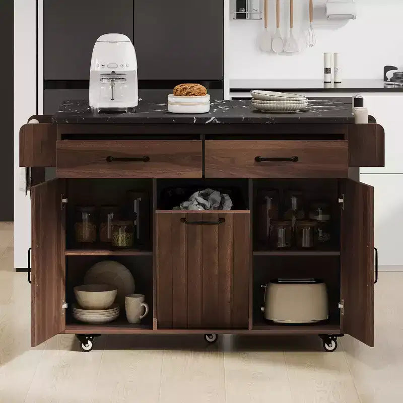 Îlot de cuisine roulant avec rangement pour poubelle, abattant, porte-épices, porte-serviettes et tiroir