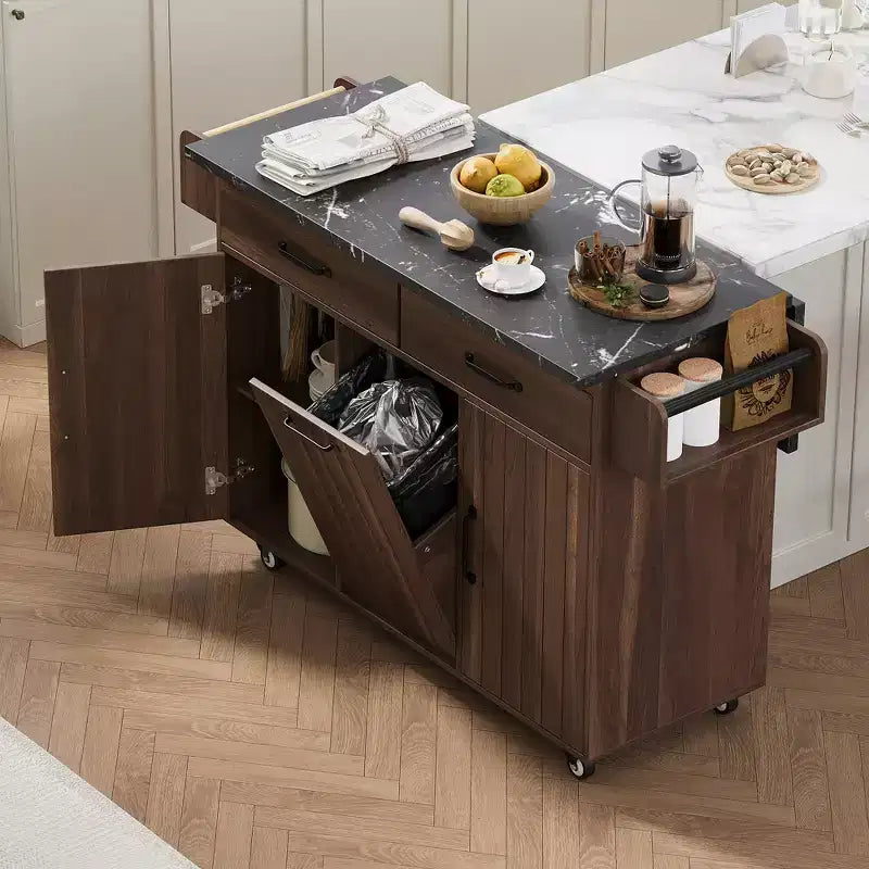 Îlot de cuisine roulant avec rangement pour poubelle, abattant, porte-épices, porte-serviettes et tiroir