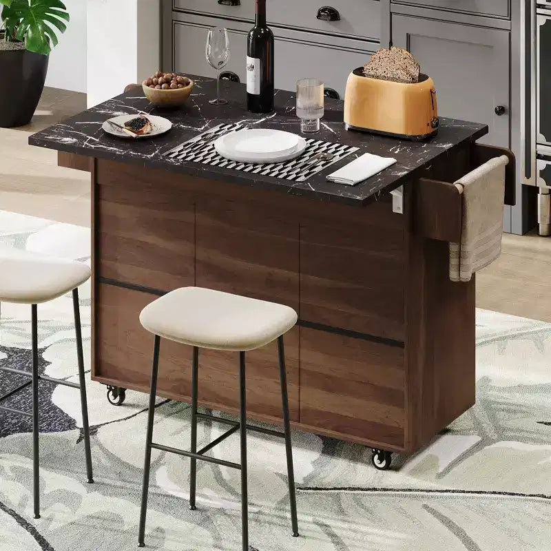 Îlot de cuisine roulant avec rangement pour poubelle, abattant, porte-épices, porte-serviettes et tiroir