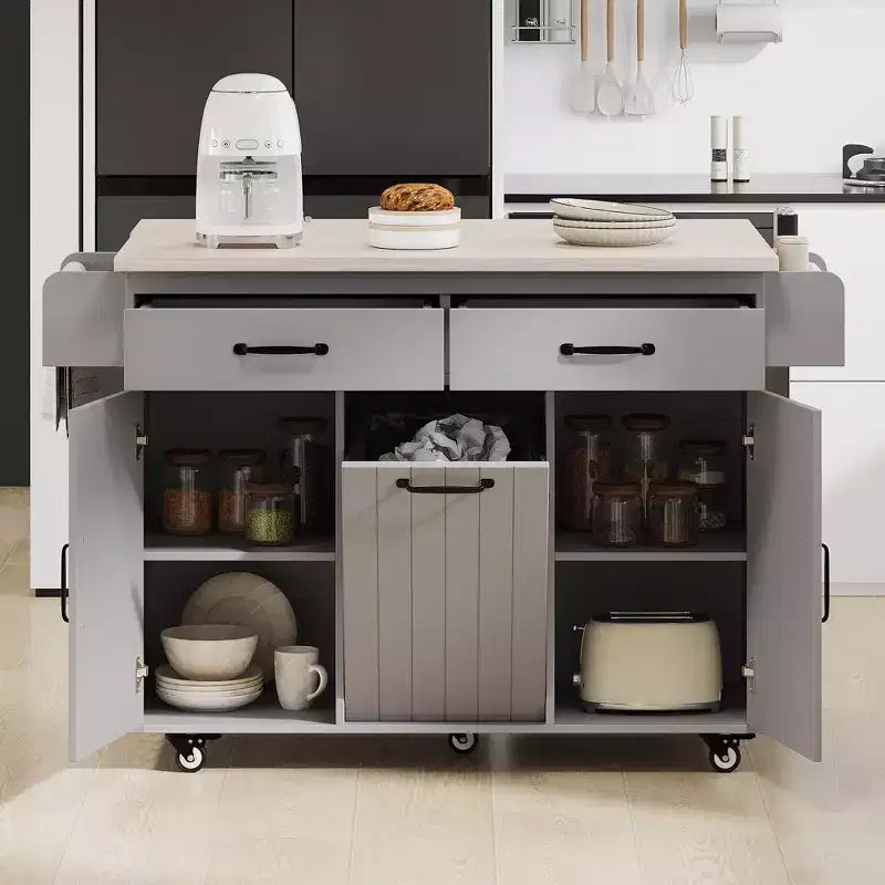Îlot de cuisine roulant avec rangement pour poubelle, abattant, porte-épices, porte-serviettes et tiroir