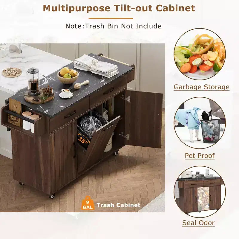 Îlot de cuisine roulant avec rangement pour poubelle, abattant, porte-épices, porte-serviettes et tiroir