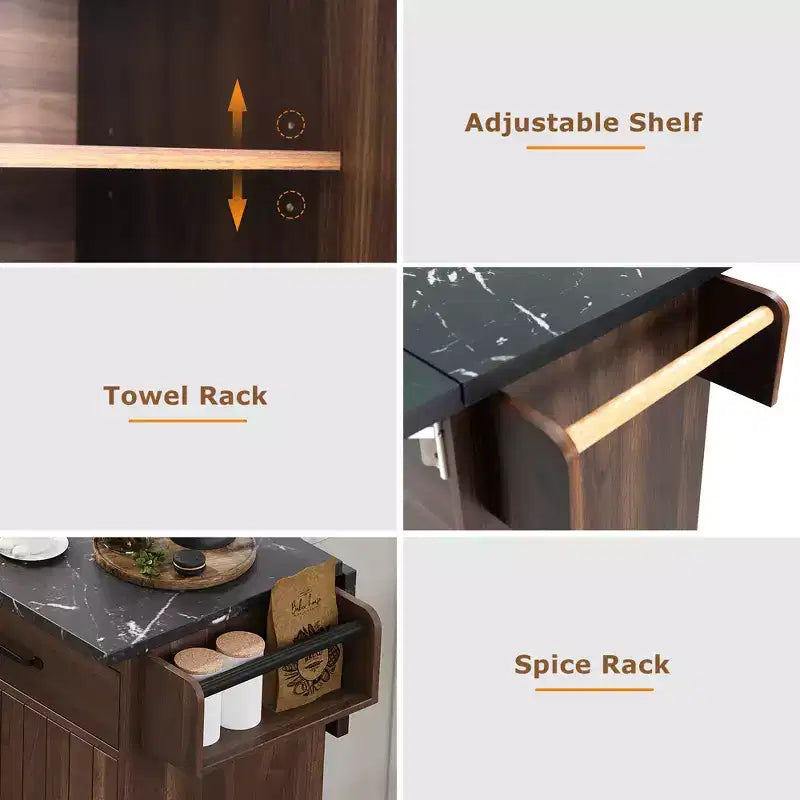 Îlot de cuisine roulant avec rangement pour poubelle, abattant, porte-épices, porte-serviettes et tiroir