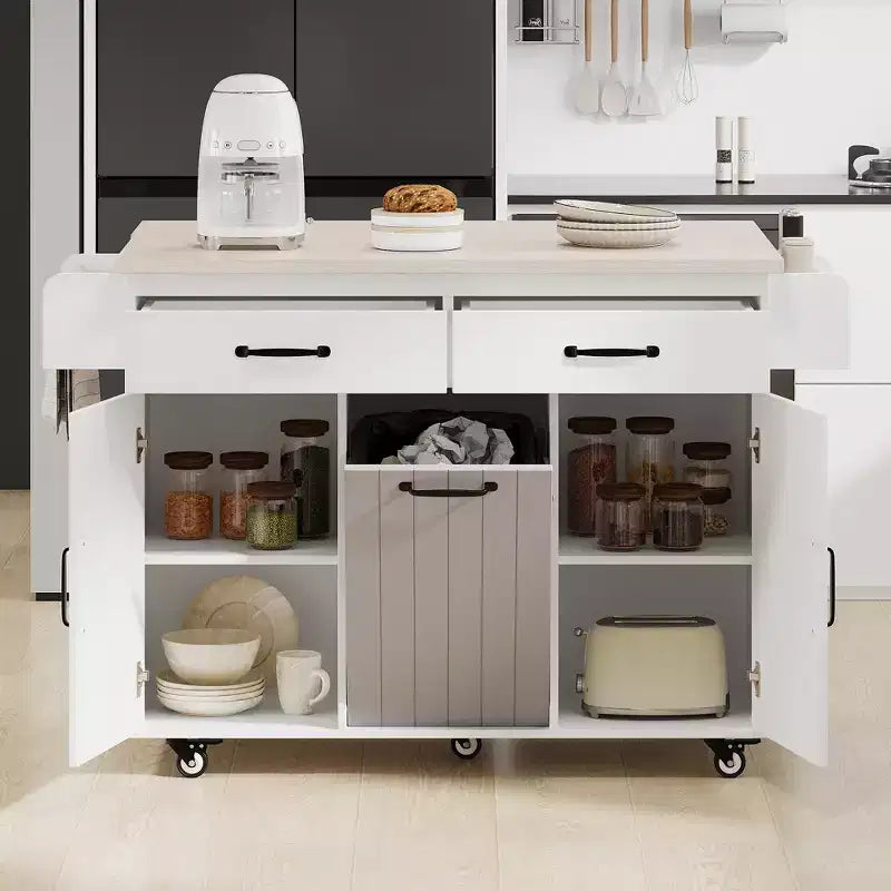 Îlot de cuisine roulant avec rangement pour poubelle, abattant, porte-épices, porte-serviettes et tiroir