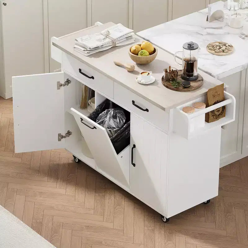 Îlot de cuisine roulant avec rangement pour poubelle, abattant, porte-épices, porte-serviettes et tiroir