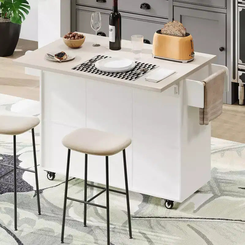 Îlot de cuisine roulant avec rangement pour poubelle, abattant, porte-épices, porte-serviettes et tiroir