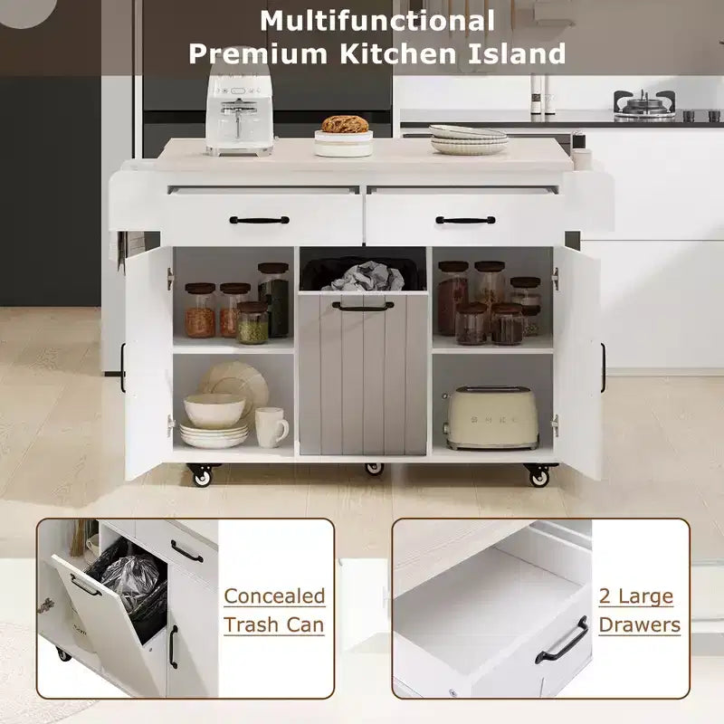 Îlot de cuisine roulant avec rangement pour poubelle, abattant, porte-épices, porte-serviettes et tiroir