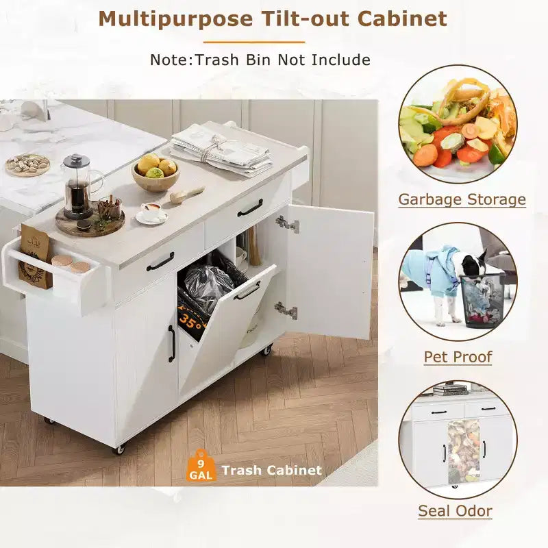 Îlot de cuisine roulant avec rangement pour poubelle, abattant, porte-épices, porte-serviettes et tiroir