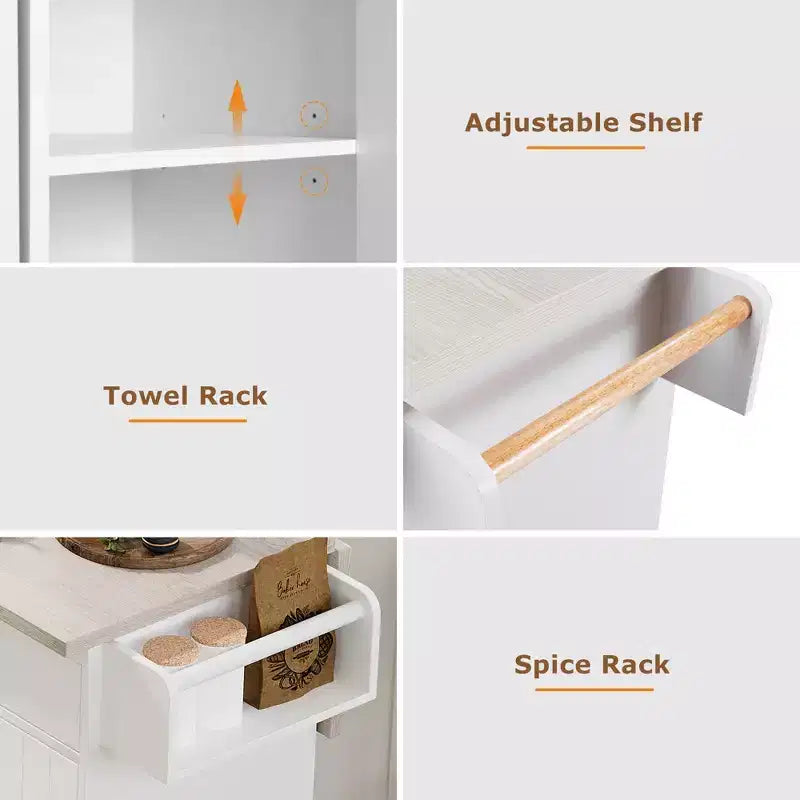 Îlot de cuisine roulant avec rangement pour poubelle, abattant, porte-épices, porte-serviettes et tiroir