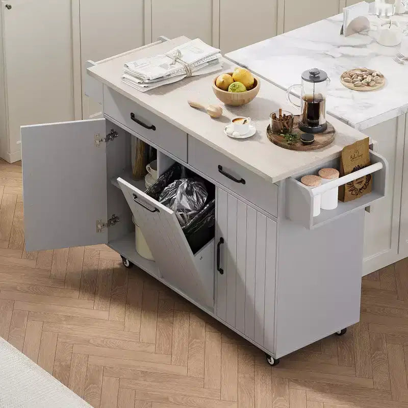 Îlot de cuisine roulant avec rangement pour poubelle, abattant, porte-épices, porte-serviettes et tiroir