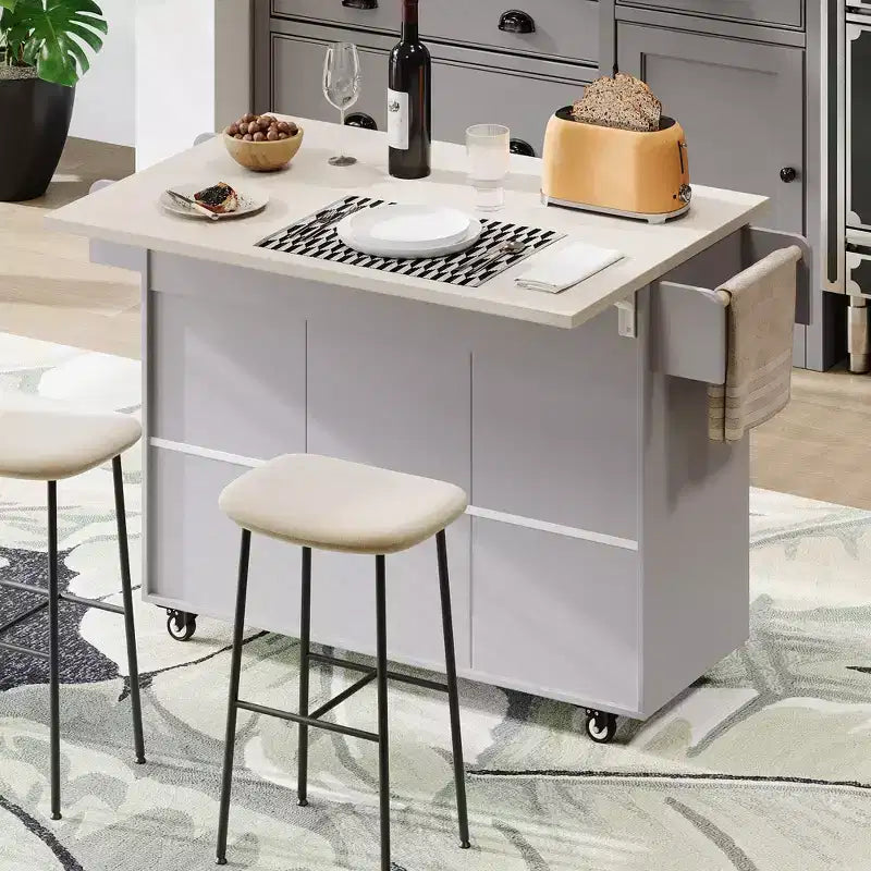 Îlot de cuisine roulant avec rangement pour poubelle, abattant, porte-épices, porte-serviettes et tiroir