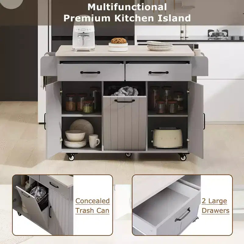 Îlot de cuisine roulant avec rangement pour poubelle, abattant, porte-épices, porte-serviettes et tiroir