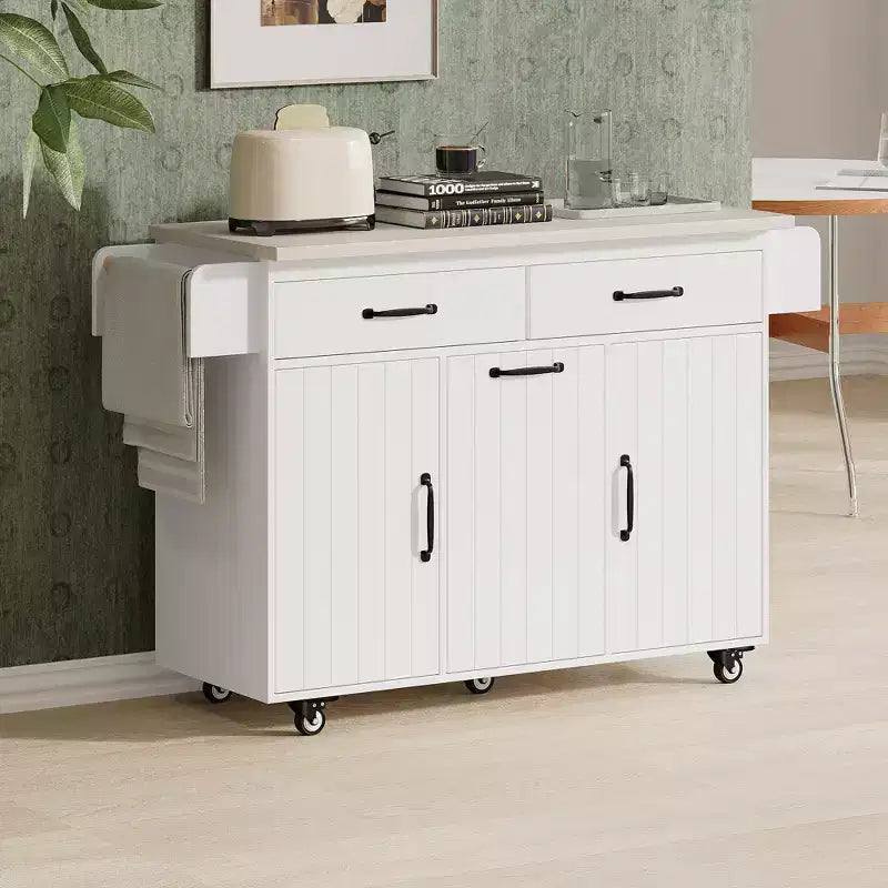 Îlot de cuisine roulant avec rangement pour poubelle, abattant, porte-épices, porte-serviettes et tiroir