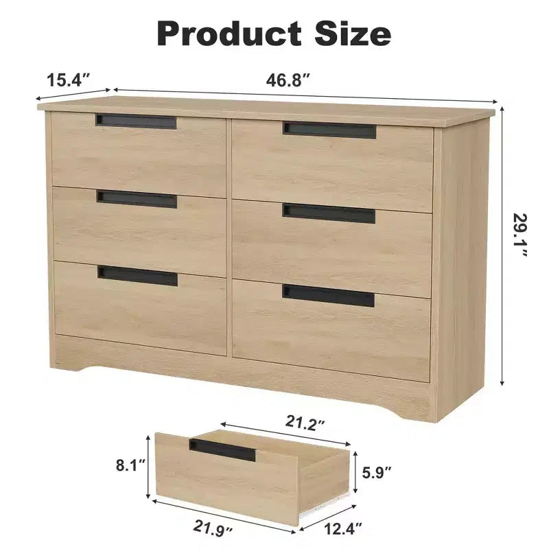 Commode double à 6 tiroirs en bois naturel avec poignées encastrées pour chambre à coucher ou salon