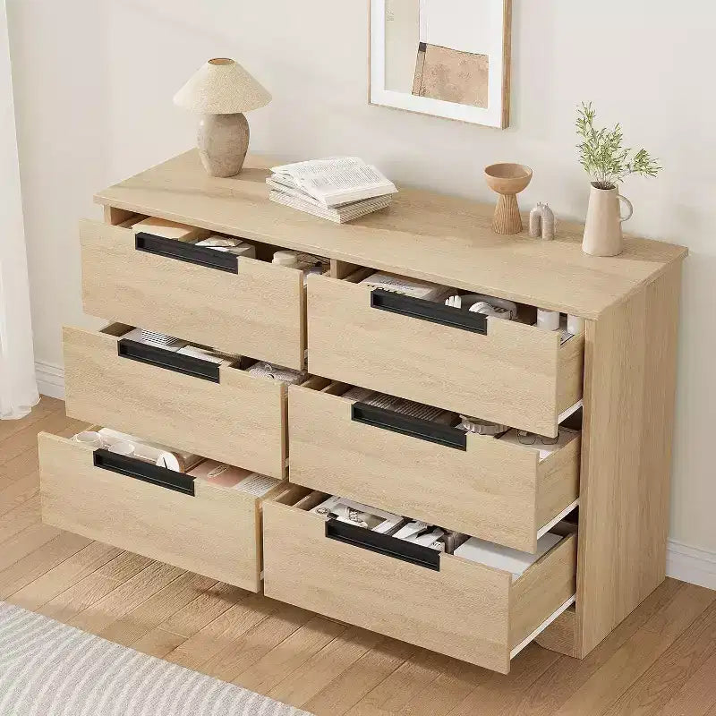 Commode double à 6 tiroirs en bois naturel avec poignées encastrées pour chambre à coucher ou salon