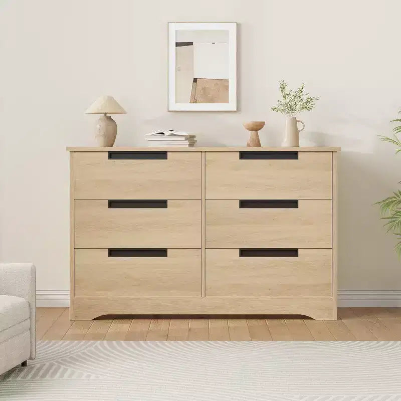 Commode double à 6 tiroirs en bois naturel avec poignées encastrées pour chambre à coucher ou salon