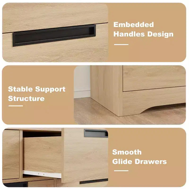 Commode double à 6 tiroirs en bois naturel avec poignées encastrées pour chambre à coucher ou salon