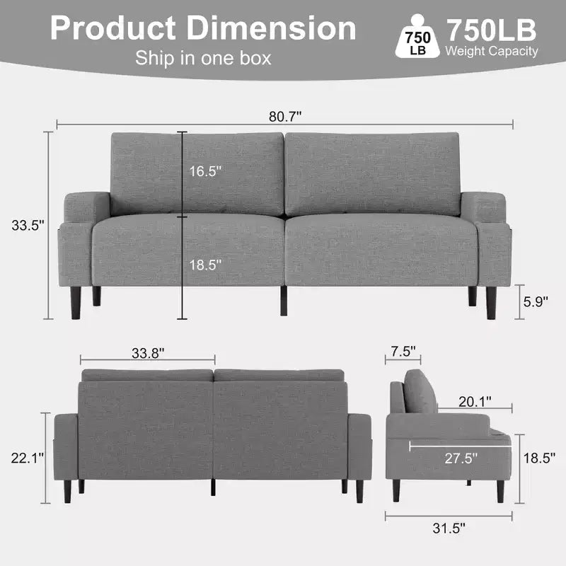 Canapé biplace moderne de 80 po avec porte-gobelets et poches latérales, assise profonde pour salon