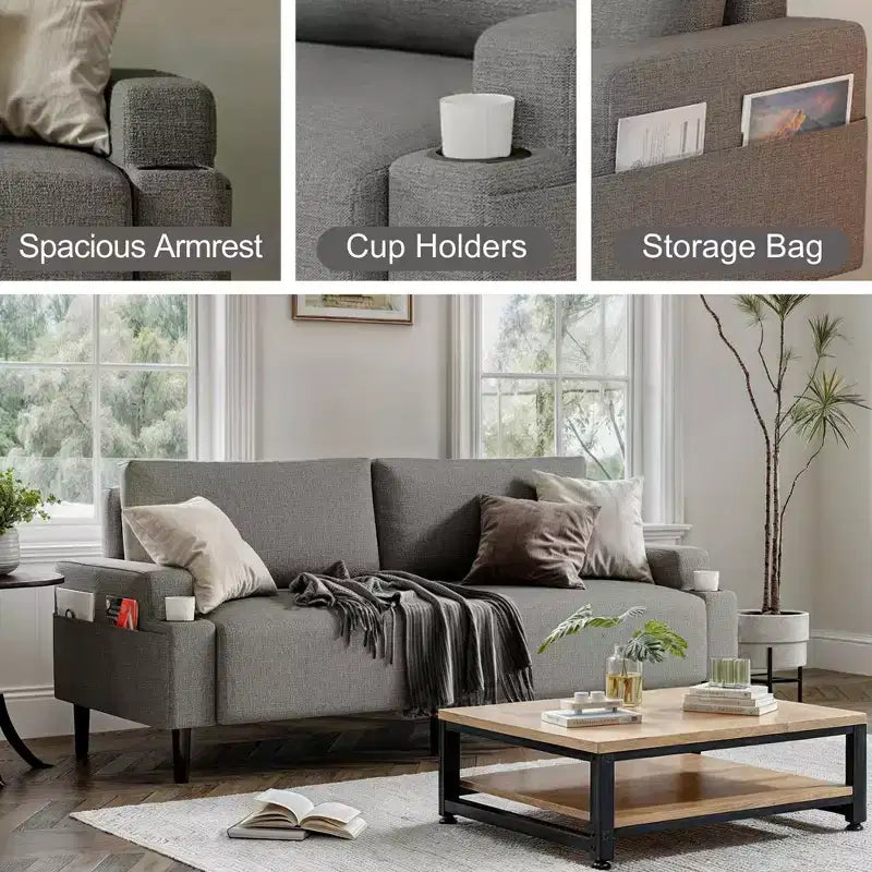 Canapé biplace moderne de 80 po avec porte-gobelets et poches latérales, assise profonde pour salon