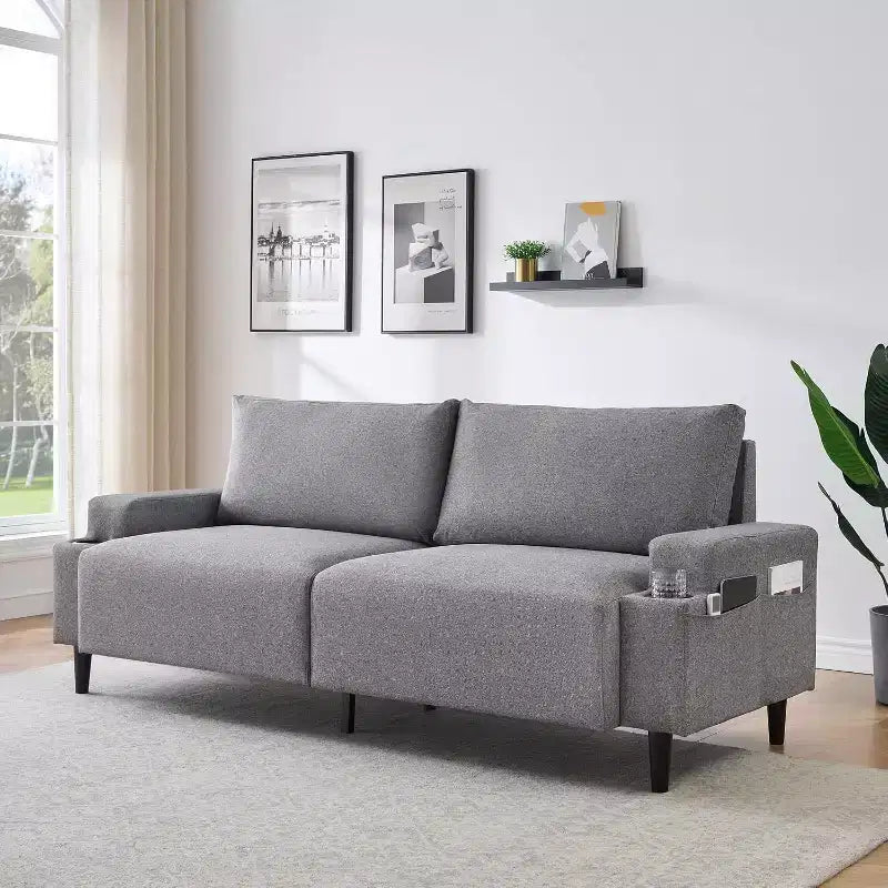 Canapé biplace moderne de 80 po avec porte-gobelets et poches latérales, assise profonde pour salon
