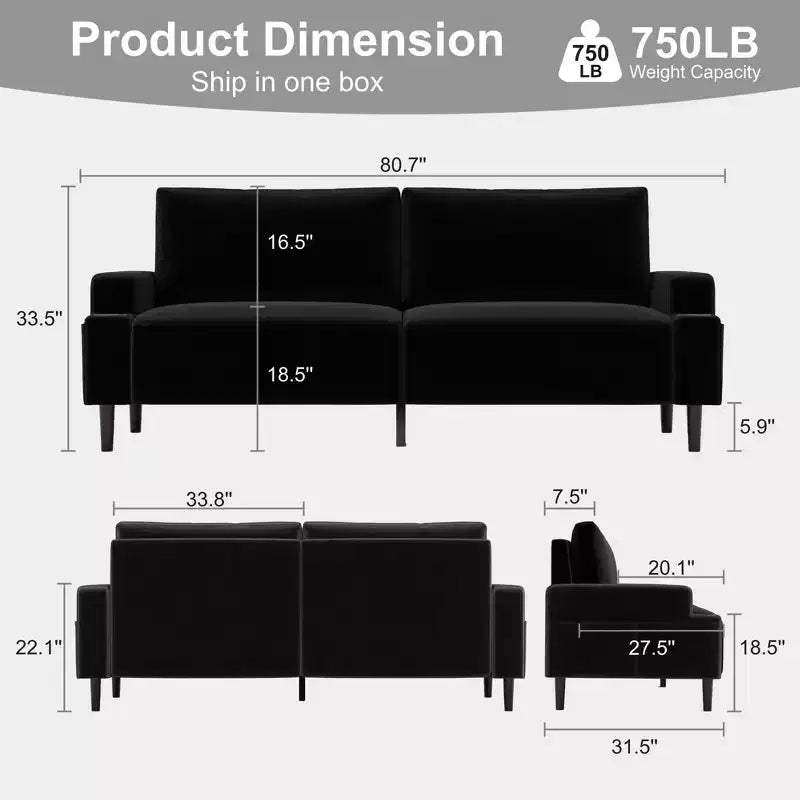 Canapé biplace moderne de 80 po avec porte-gobelets et poches latérales, assise profonde pour salon