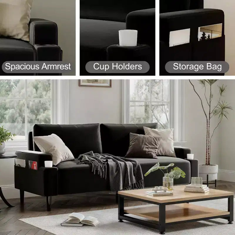 Canapé biplace moderne de 80 po avec porte-gobelets et poches latérales, assise profonde pour salon