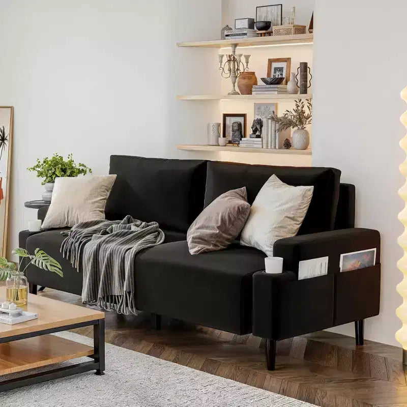 Canapé biplace moderne de 80 po avec porte-gobelets et poches latérales, assise profonde pour salon