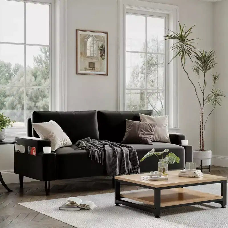 Canapé biplace moderne de 80 po avec porte-gobelets et poches latérales, assise profonde pour salon