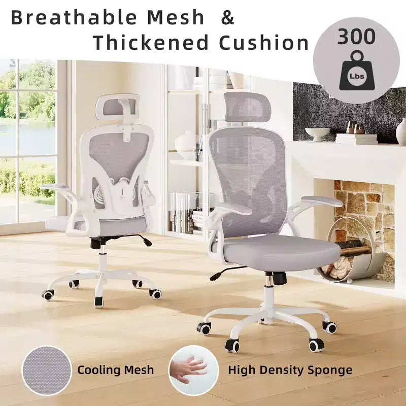 Chaise de bureau ergonomique avec appui-tête, accoudoirs relevables et support lombaire réglable (gris)