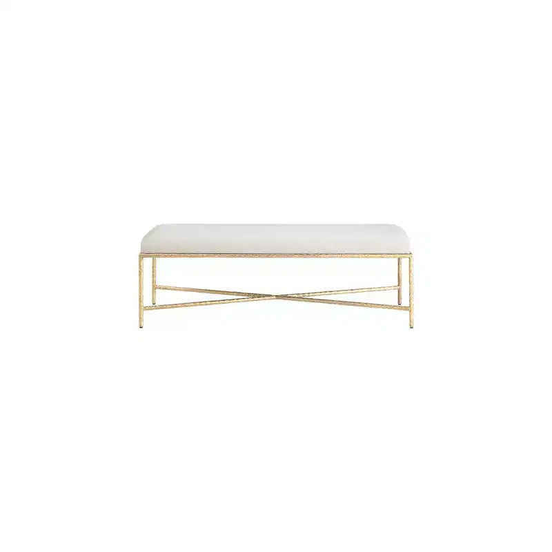 Banc en tissu chenille beige avec cadre en fer en laiton brossé, 137 cm de large