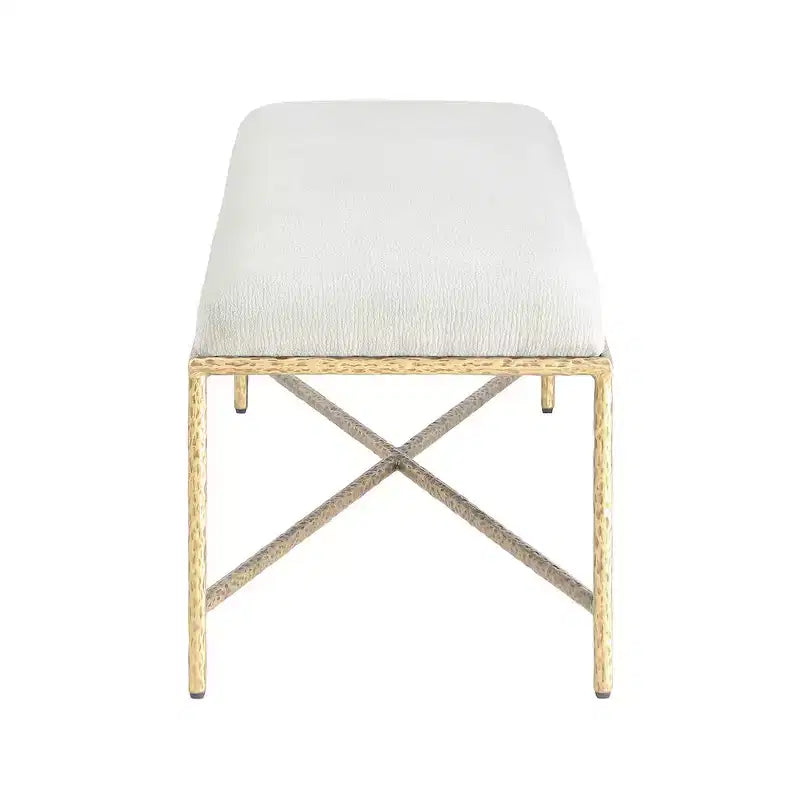 Banc en tissu chenille beige avec cadre en fer en laiton brossé, 137 cm de large