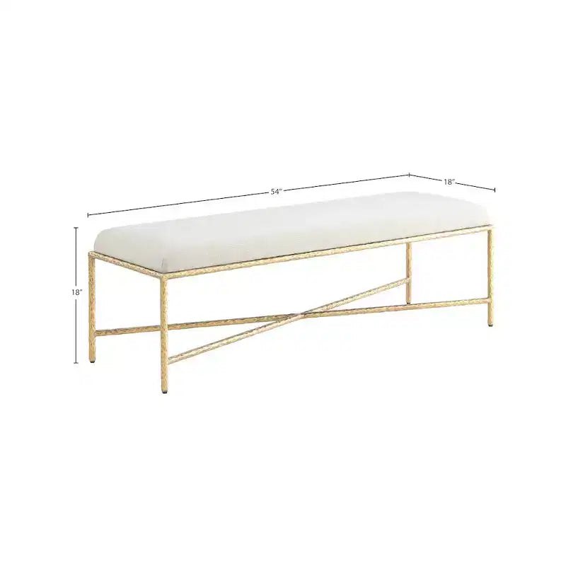 Banc en tissu chenille beige avec cadre en fer en laiton brossé, 137 cm de large
