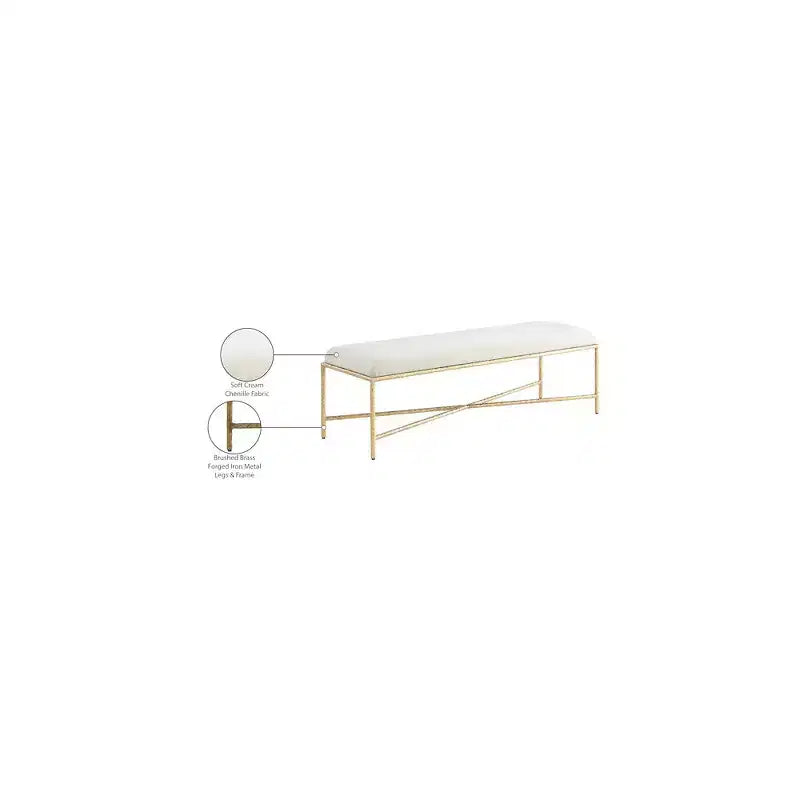 Banc en tissu chenille beige avec cadre en fer en laiton brossé, 137 cm de large