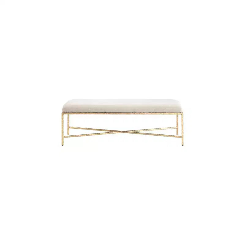 Banc en tissu chenille beige avec cadre en fer en laiton brossé, 137 cm de large