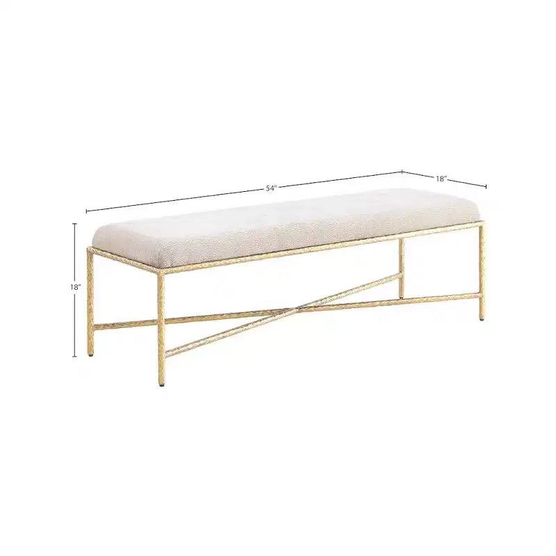 Banc en tissu chenille beige avec cadre en fer en laiton brossé, 137 cm de large