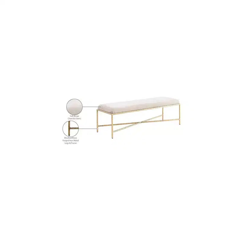 Banc en tissu chenille beige avec cadre en fer en laiton brossé, 137 cm de large