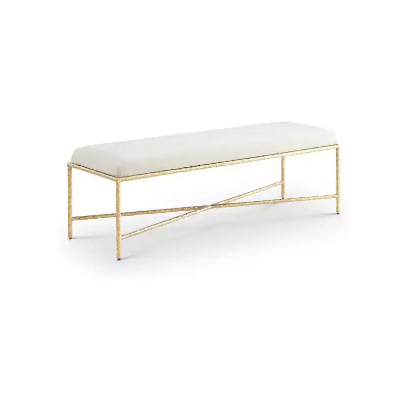 Banc en tissu chenille beige avec cadre en fer en laiton brossé, 137 cm de large