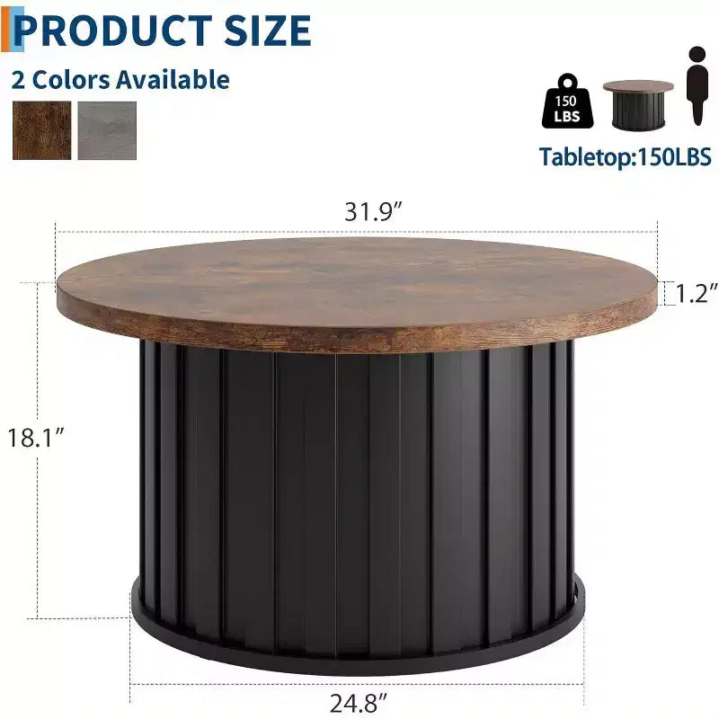 Table basse ronde moderne, forme champignon cannelée, plateau en MDF, base en métal noir, 31,9, assemblage facile