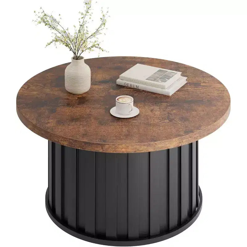 Table basse ronde moderne, forme champignon cannelée, plateau en MDF, base en métal noir, 31,9, assemblage facile