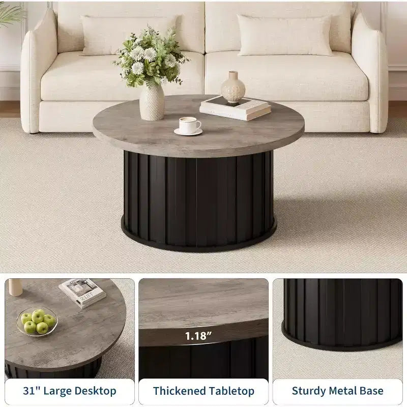 Table basse ronde moderne, forme champignon cannelée, plateau en MDF, base en métal noir, 31,9, assemblage facile