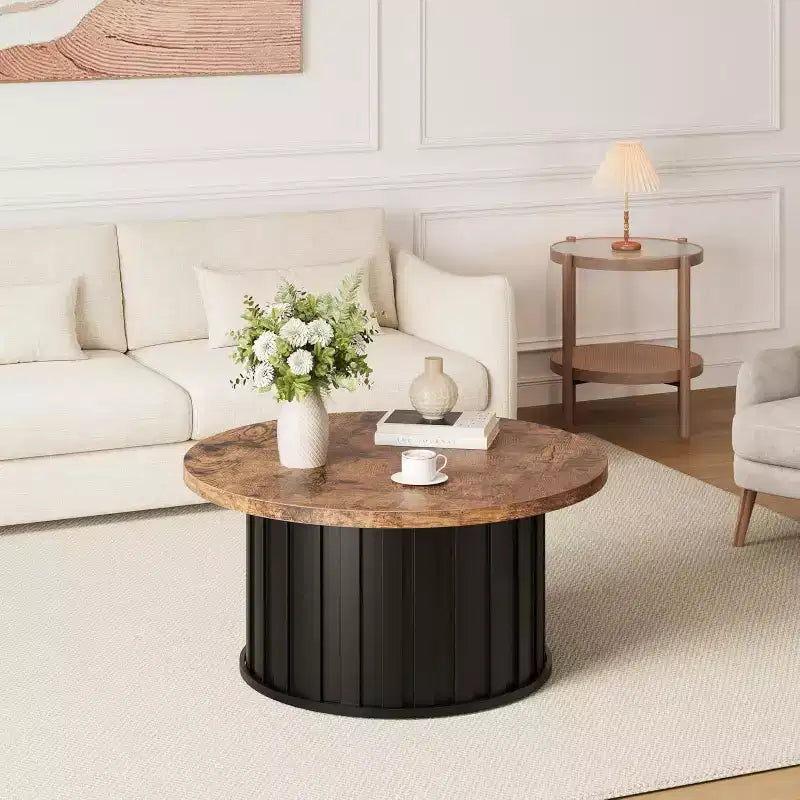 Table basse ronde moderne, forme champignon cannelée, plateau en MDF, base en métal noir, 31,9, assemblage facile