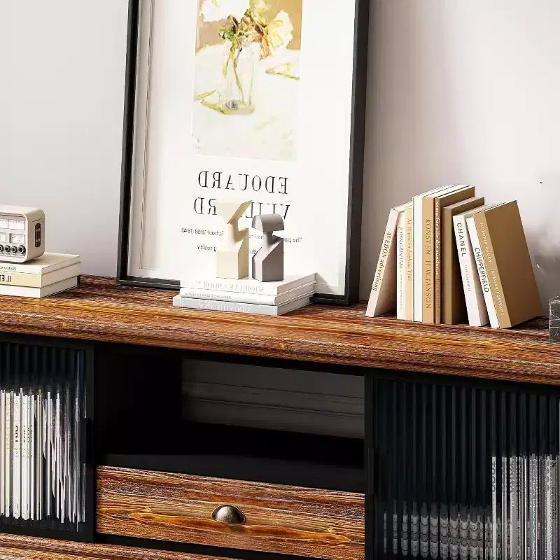 Meuble TV moderne, console multimédia en bois de sapin et fer avec grand tiroir de rangement, compatible avec les téléviseurs jusqu'à 55 pouces