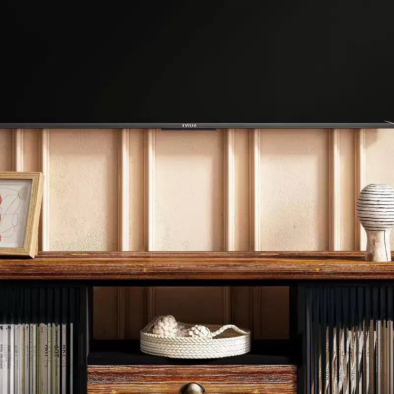 Meuble TV moderne, console multimédia en bois de sapin et fer avec grand tiroir de rangement, compatible avec les téléviseurs jusqu'à 55 pouces