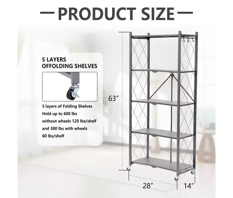 Étagère de rangement pliable en métal à 5 niveaux, grise, aucun assemblage requis
