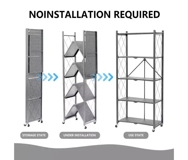 Étagère de rangement pliable en métal à 5 niveaux, grise, aucun assemblage requis