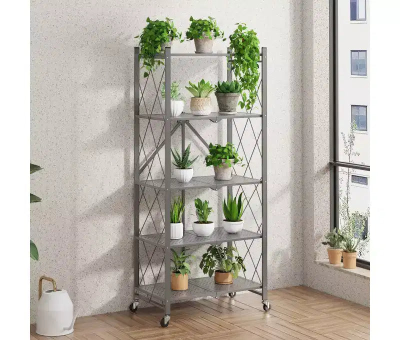 Étagère de rangement pliable en métal à 5 niveaux, grise, aucun assemblage requis